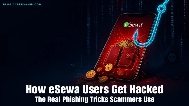 Illustration of a cracked digital wallet and phishing hook representing eSewa account hacking in Nepal