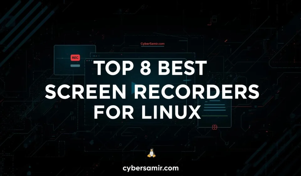 Screen Recorder for Linux featured in a futuristic blog header showing recording UI elements, code background, and software icons for 2026