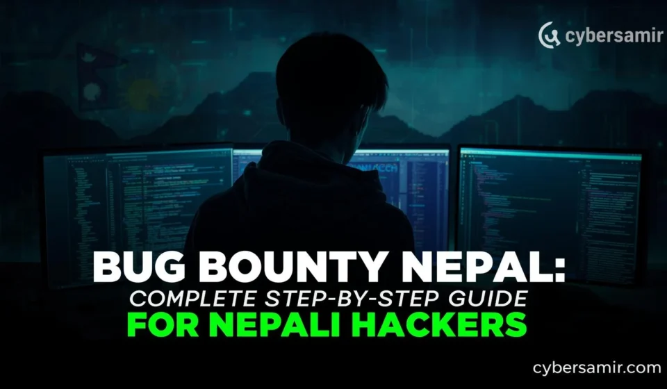 Bug bounty Nepal – Nepali hacker discovering vulnerabilities on laptop with green code