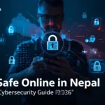 How to stay safe online in Nepal cybersecurity guide showing digital protection and cyber threats