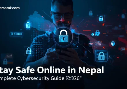 How to stay safe online in Nepal cybersecurity guide showing digital protection and cyber threats