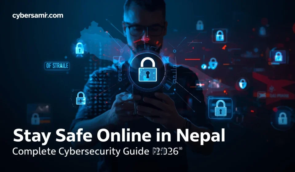 How to stay safe online in Nepal cybersecurity guide showing digital protection and cyber threats