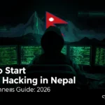 Person hacking with Nepal flag background