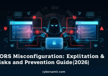CORS Misconfiguration vulnerability illustration showing cross-origin data leakage between websites with cybersecurity
