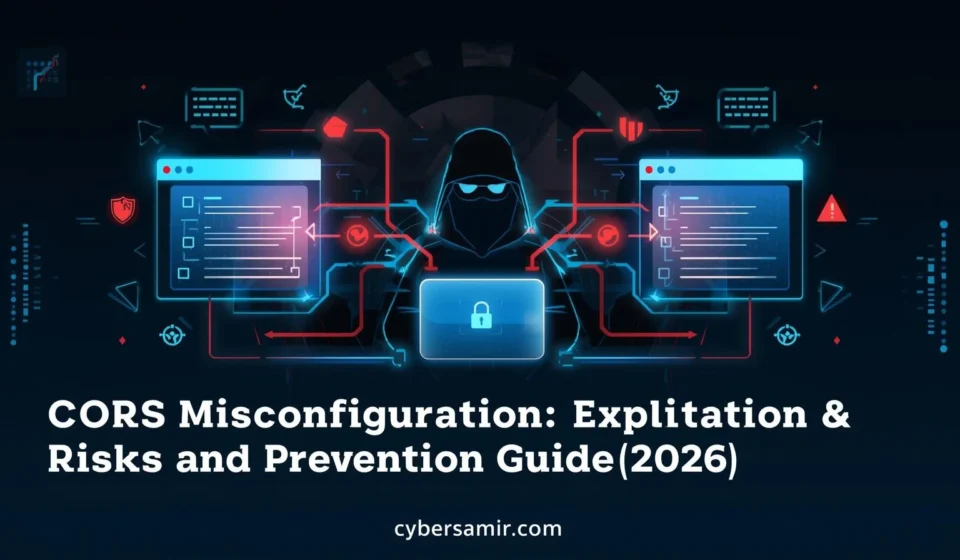 CORS Misconfiguration vulnerability illustration showing cross-origin data leakage between websites with cybersecurity