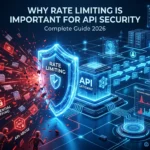 API security illustration showing rate limiting protecting APIs from bot attacks, DDoS, and malicious traffic.