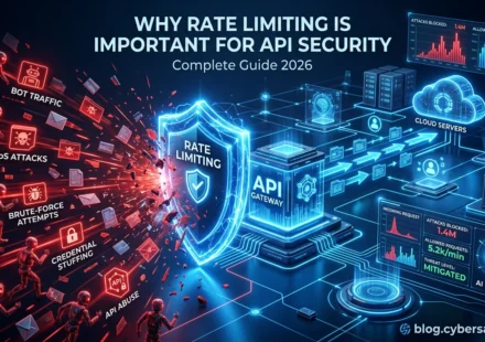 API security illustration showing rate limiting protecting APIs from bot attacks, DDoS, and malicious traffic.