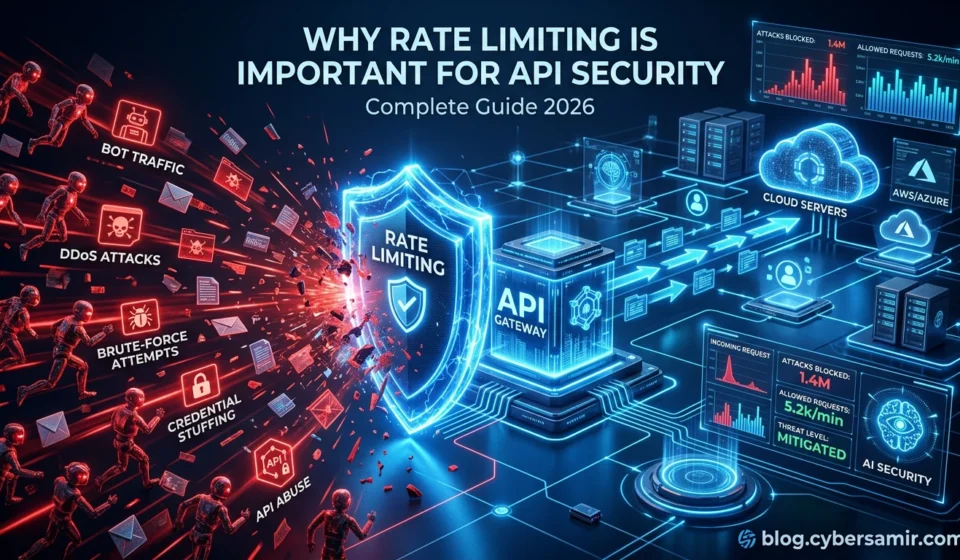 API security illustration showing rate limiting protecting APIs from bot attacks, DDoS, and malicious traffic.