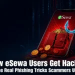 Illustration of a cracked digital wallet and phishing hook representing eSewa account hacking in Nepal