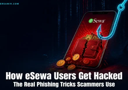 Illustration of a cracked digital wallet and phishing hook representing eSewa account hacking in Nepal