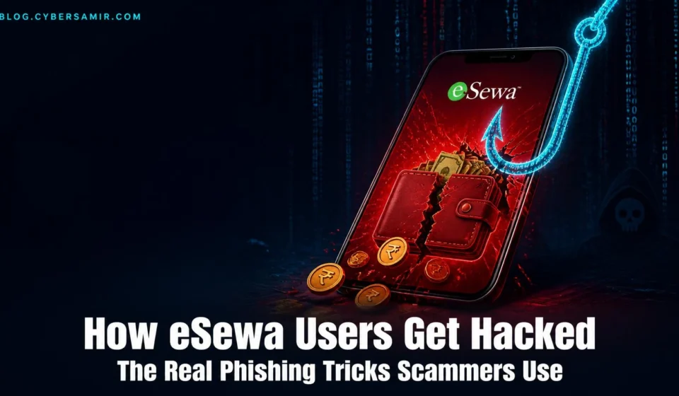 Illustration of a cracked digital wallet and phishing hook representing eSewa account hacking in Nepal