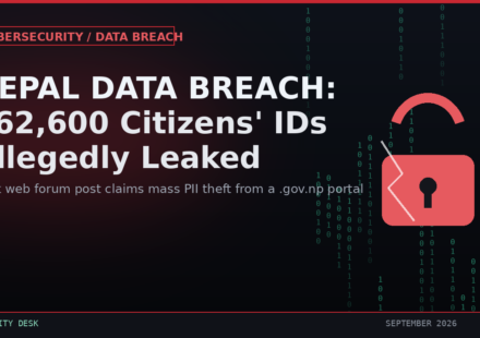 Nepal Data Breach: 462,600 Citizens' IDs Allegedly Leaked," subtext "Dark web forum post claims mass PII theft from a .gov.np portal