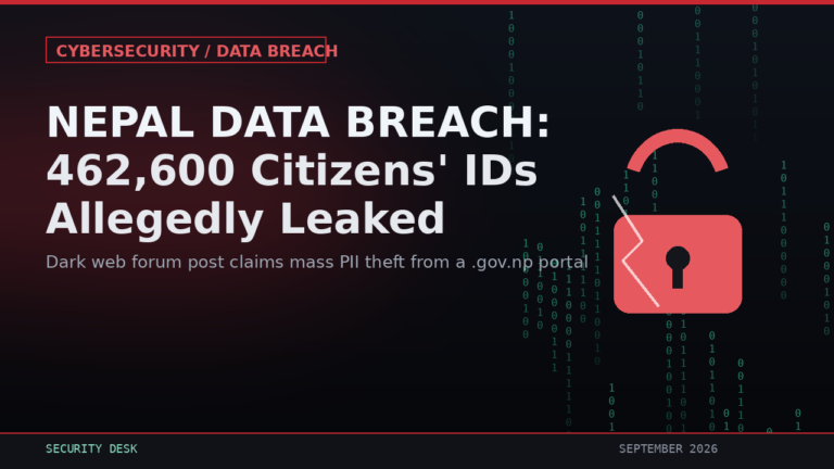 Nepal Data Breach: 462,600 Citizens' IDs Allegedly Leaked," subtext "Dark web forum post claims mass PII theft from a .gov.np portal