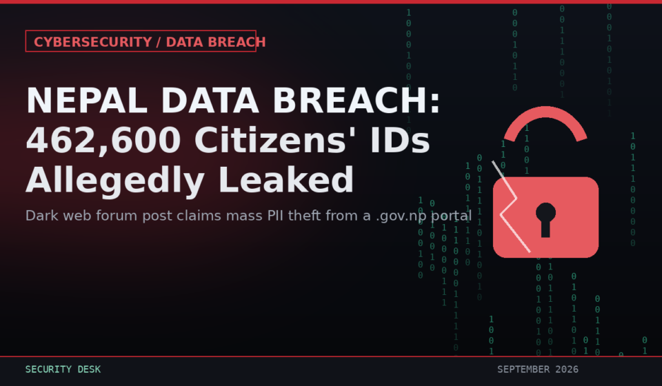 Nepal Data Breach: 462,600 Citizens' IDs Allegedly Leaked," subtext "Dark web forum post claims mass PII theft from a .gov.np portal