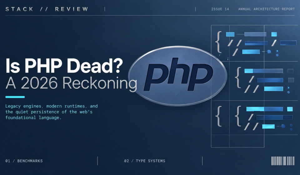 Cinematic PHP programming thumbnail with the headline “Is PHP Dead? 2026 Reckoning,” a glowing blue PHP elephant, and CyberSamir branding.